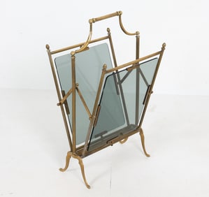 MAISON BAGUES STYLE BRASS & GLASS MAGAZINE RACK