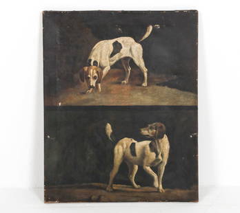 ANTIQUE 19TH C. O/C DOG STUDY PAINTING: Oil on canvas of two dog studies. Frame: H 20" x W18" Condition: Moderate craquelure to paint. Nicks and slight loss to paint on canvas. Wear consistent with age and use.