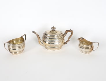 ANTIQUE ENGLISH SILVER TEA POT, SUGAR & CREAMER