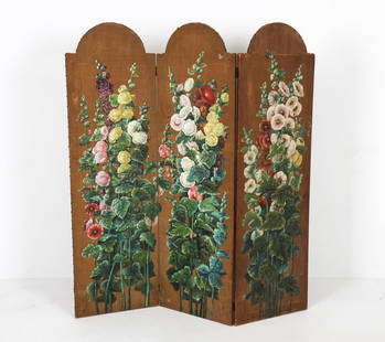 ANTIQUE FLORAL PAINTED FOLDING SCREEN: Painted canvas over wooden frame with brass tacks. (3) panels. Dimensions: (folded) H 59.75" x W 18" x D 2.5". Open W 54". Condition: Signs of moderate wear including tears to canvas with sun fading a