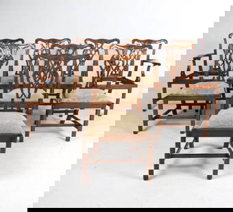(8) CHIPPENDALE STYLE MAHOGANY DINING CHAIRS: (6) Side chairs (2) arm chairs. Detailing to seat back. Dimensions: (arm chair) H 37" x W 26" x D 18.5", SH 19" Condition: Scattered dings and nicks. Armchairs without seats. Presents well overall.