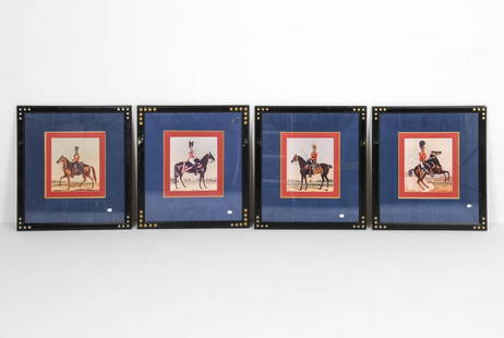 BRITISH CAVALRY ARMY OFFICER LITHOGRAPHS: (4) in total. Frame: H 22.5" x W 20.25" Sight: H 9.5" x W 8.5" Condition: Moderate scuffs and scratches to frames. Wear consistent with age and use.