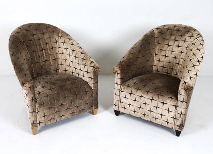 PAIR OF LOUNGE CHAIRS ATTR. TO DONGHIA: Dimensions: H 33" x W 30" x D 29", SH 15" Condition: Slight sun fading to upholstery. Minor blemishes to seat upholstery. Presents well overall.