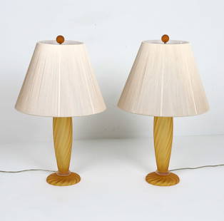 HUTTON FOR DONGHIA MURANO GLASS TABLE LAMPS: Apparently unsigned. Gold-tone glass with matching finials. Dimensions: H 29.75" x Dia 7.5" (Shade) H 13.5" x Dia 18" Condition: Slight tarnishing to brass posts. Untested. Presents well overall.