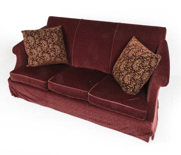 ATTR. DONGHIA SOFA: Purple/red tone wool upholstery and cushions. Dimensions: H 39" x W 82" x D 32", SH 17" Condition: Slight rubbing to backside upholstery. Presents well overall.