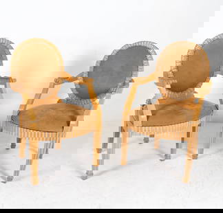 PAIR OF JOHN HUTTON FOR DONGHIA A RMCHAIRS: Carved balloon backs, armrests and seat frame. Biege-tone suede upholstery. Dimensions: H 38.5" x W 22.5" x D 20", SH 17.5" Condition: Minor dings to frames. Presents well overall.