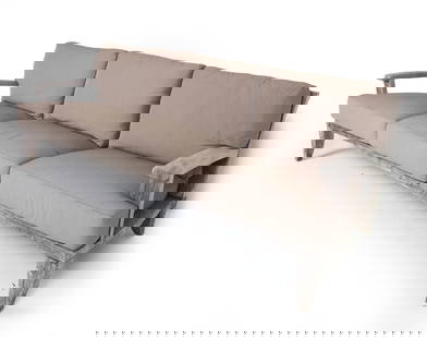 TEAK OUTDOOR SOFA: Gray-tone wool upholstery. Dimensions: H 31.25" x W 95" x D 30", SH 20" Condition: Surface soiling to upholstery. Scuffs and nicks to frame consistent with age and outdoor exposure.