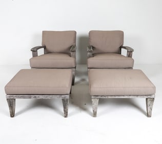PAIR OUTDOOR TEAK LOUNGE CHAIRS W/ OTTOMANS