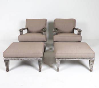 PAIR OUTDOOR TEAK LOUNGE CHAIRS W/ OTTOMANS: (2) chairs and (2) ottomans. Grey-tone upholstered cushions. Dimensions: (Chair) H 31" x W 31.25" x D 30", Sh 19" (Ottoman) H 17" x W 31" x D 25" Condition: Discoloration and scuffs to frames. Minor b