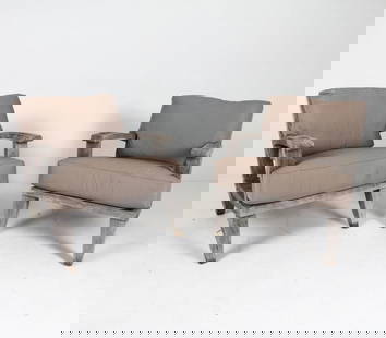 PAIR OF OUTDOOR TEAK LOUNGE CHAIRS: Grey-tone upholstered cushions. Dimensions: (Chair) H 31" x W 31.25" x D 30", Sh 19" Condition: Moderate discoloration and fading to finish. Both chairs may require reaffixing to legs. Wear consistent