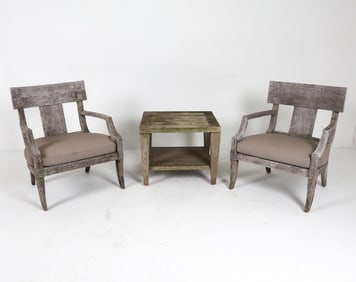 PAIR OUTDOOR TEAK LOUNGE CHAIRS & SIDE TABLE