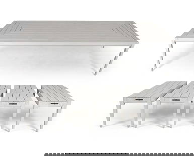 MCKINNON HARRIS DINING TABLE & (4) BENCHES: With plaques to edges. Dimensions: (Dining table) H 30" x W 120" x D 45" (Benches) H 18" x W 48" x D 17.75" Condition: Slight scuffs and dings throughout benches and legs to table. Wear consistent wit