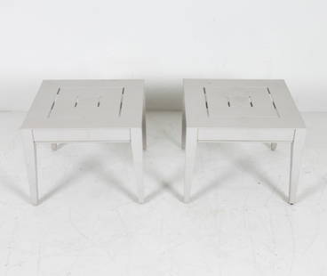 PAIR OF MCKINNON HARRIS SQAURE SIDE TABLES: Apparently unsigned. Square form off-white tone steel. Dimensions: H 17.25" x W 21.5" x 21.5" Condition: Minor scuffs, faint scratches and surface soiling consistent with age and use.
