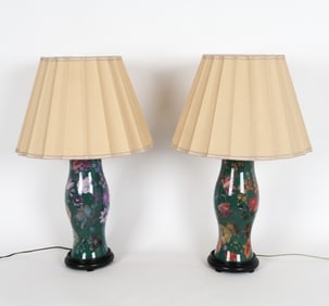 PAIR OF FLORAL DECOUPAGE GLASS LAMPS