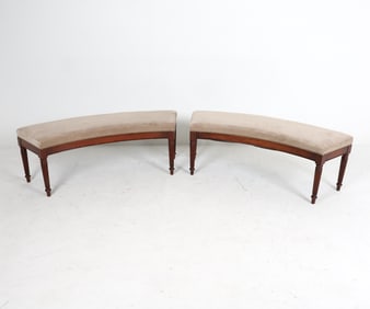 PAIR OF MAHOGANY & VELOUR CURVED BENCHES