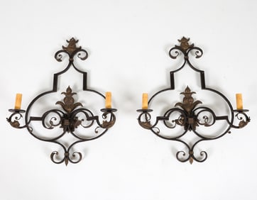 PAIR ORNATE WROUGHT IRON SCONCES