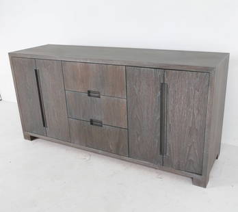 CONTEMPORARY CUSTOM CREDENZA: Custom with recessed doors. With soft close hinges. Dimensions: H 37" x W 77" x D 22" Condition: Minor rubbing to surface edges. Presents well overall.