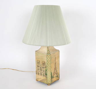 TOLE DECORATED TIN LAMP: Dimensions: H 28" x W 7.75" x D 7.75" With Shade: H 29" x Dia 18" Condition: Scattered nicks. scuffs and rubbing to paint on tin. Untested. Wear consistent with age and use.