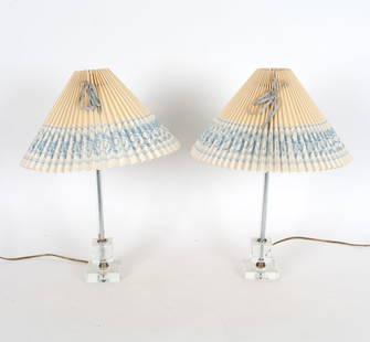 PAIR OF ART DECO STYLE GLASS LAMPS: With etched floral designs to base. Dimensions: H 14" x W 3" x D 3.25" (Shades) H 9.25" x Dia 14" Condition: Minor nicks and dings to glass bases. Untested. Wear consistent with age and use.