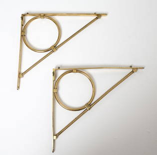 PAIR OF BRASS WALL BRACKETS: Dimensions: H 19" x D 18.25" Condition: Tarnishing to brass throughout. Wear consistent with age and use.