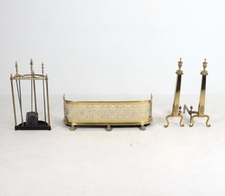 BRASS & IRON FIREPLACE TOOLS, ANDIRONS & FENDER