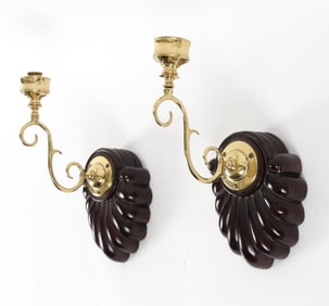PAIR OF 20TH C. MAHOGANY & BRASS CANDLE SCONCES