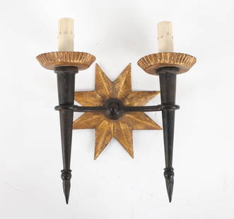 VINTAGE IRON STARBURST WALL SCONCE: Iron posts with gilt accents. Dimensions: H 15" x W 13.25" x D 6.75" Condition: Scattered scuffs to gilt on metal. Slight