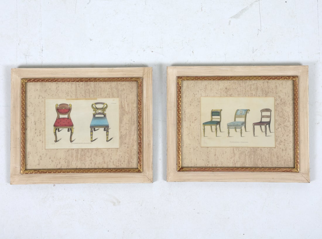 PAIR OF PRINTS FROM ACKERMANN'S REPOSITORY SERIES: Pair of prints showing chair designs from the Regency period. Originally published in 1823. Dimensions: Frame H 12.25" x W 15.25". Sight H 5.25" x W 8". Condition: Not examined out of frames. Minor sc