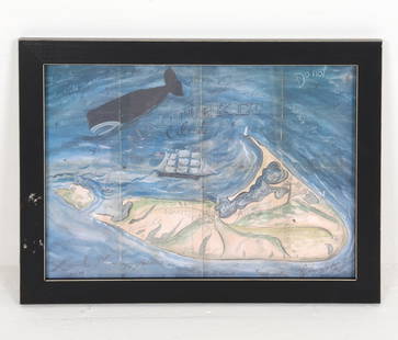 KOLENE SPICHER (20TH C.) NANTUCKET MAP PRINT: Titled 'X Marks the Many Places'. Signed and dated '1984' in lower left corner and right corner. Dimensions: Frame H 13.5" x W 18". Sight H 11" x W 15.25". Condition: Not examined out of frame. Minor