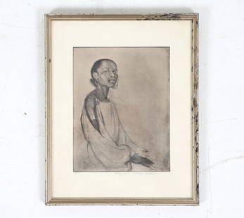 ELIZABETH O'NEILL VERNER 'BROWN SINGER' ETCHING: Marked repro and artist name to margin. Elizabeth O'Neill Verner studio label and date to verso. Frame; H 14.75" x W11.75" Sight: 13.5" x W 10.75" Condition: Moderate loss and scuffs to silver gilt fr