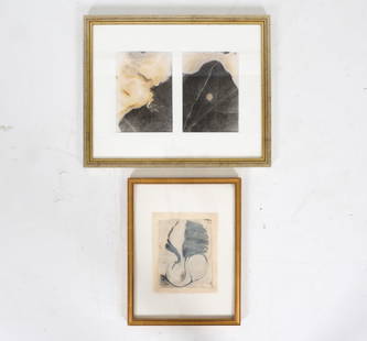 MODERNIST ABSTRACT PRINTS: Two prints in one frame. 1 block print on fabric Frame: (largest) H 18" x W 21.75" Sight: H 9.5" x W 6.5" Condition: Scattered nicks, dings to gilt frames. Presents well overall.