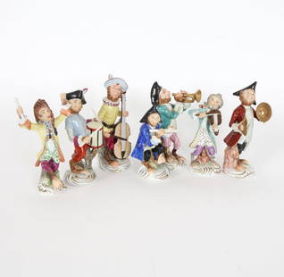 GERMAN PORCELAIN MONKEY BAND FIGURES: (3) in total. Marked Royal Handbemalt to undersides. Dimensions: (Largest) H 6" x W 3.25" x D 2.5" Condition: One monkey with light loss to painted hat. Presents well overall.