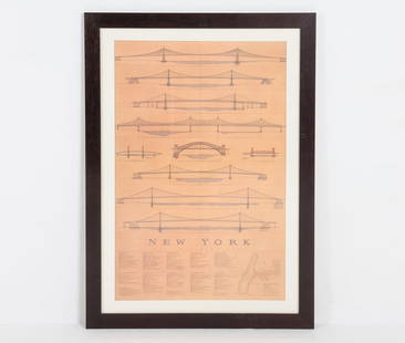 CRAIG HOLMES EAST RIVER BRIDGES PRINT: Frame; H 41" x W 29.5" Sight: H 34" x W 21.75" Condition: Slight nicks and scuffs to frame. Presents well overall.