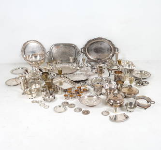 LARGE SILVERPLATE GROUPING: Including Reed & Barton. Gorham and more. Chafing dishes, platters, cups and more. Dimensions: (largest platter) Dia 15" Condition: Scattered scratches, scuffs and marks. Some with tarnishing to silve