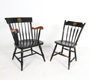 (2) BRUNSWICK SCHOOL & UNIVERSITY PENN CHAIRS: One chair marked Brunswick School 1902, the other marked University of Pennsylvania 1740. Dimensions: (Largest) H 33" x W 22" x D 18", SH 17" Condition: Scattered dings and scuffs. Smaller chair has m