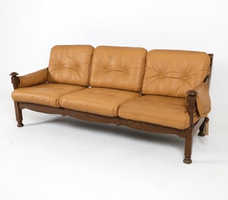DUTCH BRUTALIST OAK & LEATHER SOFA C. 1970S