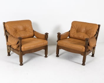PAIR DUTCH BRUTALIST OAK & LEATHER LOUNGE CHAIRS