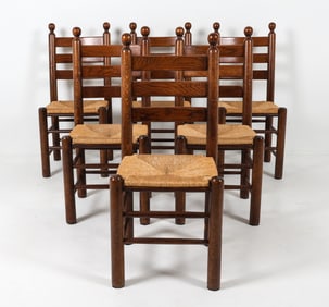 (6) DUTCH OAK & RUSH LADDER BACK DINING CHAIRS