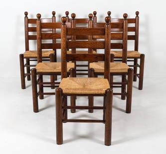 (6) DUTCH OAK & RUSH LADDER BACK DINING CHAIRS: Circa 1970s, Rush seats and ladder back rests. Dimensions: H 39.5" x W 18" x D 17.5", SH 18" Condition: Moderate rubbing to surface finish. Slight marks and scuffs. Wear consistent with age and use. P