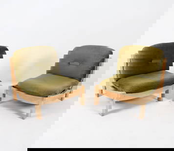 PAIR OF GERMAN BRUTALIST PINE LOUNGE CHAIRS: Brutalist pine frames with green fabric cushions and sling seats. Germany, circa 1970s. Dimensions: H 31" x W 28" x D 33.5" x SH 15". PN048