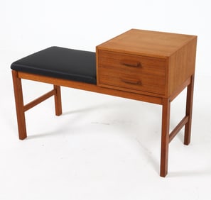 SWEDISH TEAK & LEATHER TELEPHONE BENCH C. 1960S