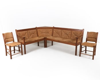 DUTCH OAK & RUSH CHAIRS & CORNER BENCH C. 1940S