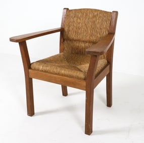 DUTCH OAK & RUSH ARM CHAIR C. 1940S