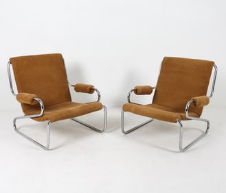 PAIR SWEDISH CHROME & CORDUROY EASY CHAIRS