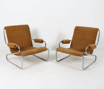 PAIR SWEDISH CHROME & CORDUROY EASY CHAIRS: Circa 1970S Chrome frame with corduroy upholstery. Dimensions: H 31.25" x W 31" x D 29", SH 15.5" Condition: Marks and scuffs to metal frames. Minor blemishes to seat upholstery, Presents well overall