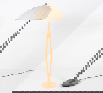 ATTR. ASMUTH LEUCHTEN GERMAN TEAK FLOOR LAMP: Floor lamp with dome lamp shade. Germany, circa 1970s. Dimensions: H 60" x Dia. 20". Condition: Wiring untested, European plug. Some discoloration to shade around rim. Wear consistent with age and use