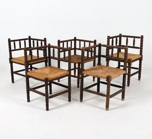 DUTCH OAK & RUSH BOBBIN TURNED CORNER CHAIRS 1930S