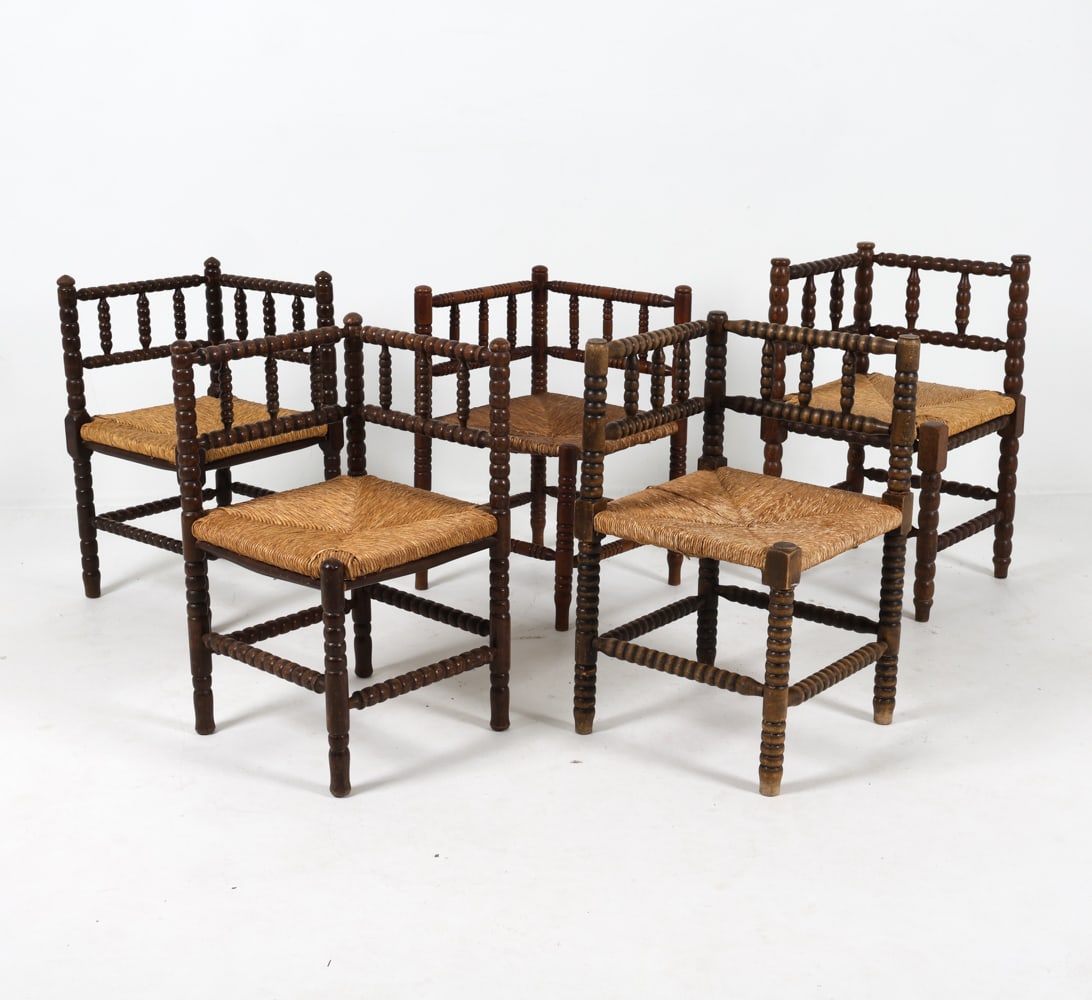 DUTCH OAK & RUSH BOBBIN TURNED CORNER CHAIRS 1930S (1 of 15)