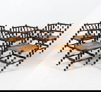 DUTCH OAK & RUSH BOBBIN TURNED CORNER CHAIRS 1930S: Bobbin turned frames with rush seats. Dimensions; (Largest) H 27.25" x W 22.25" x D 23', SH 16" Condition: Moderate rubbing and scuffs throughout frames. Slight discoloration to few rush seats. Wear c