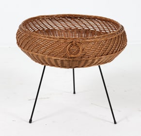 DUTCH WICKER TRIPOD MAGAZINE HOLDER C. 1950S